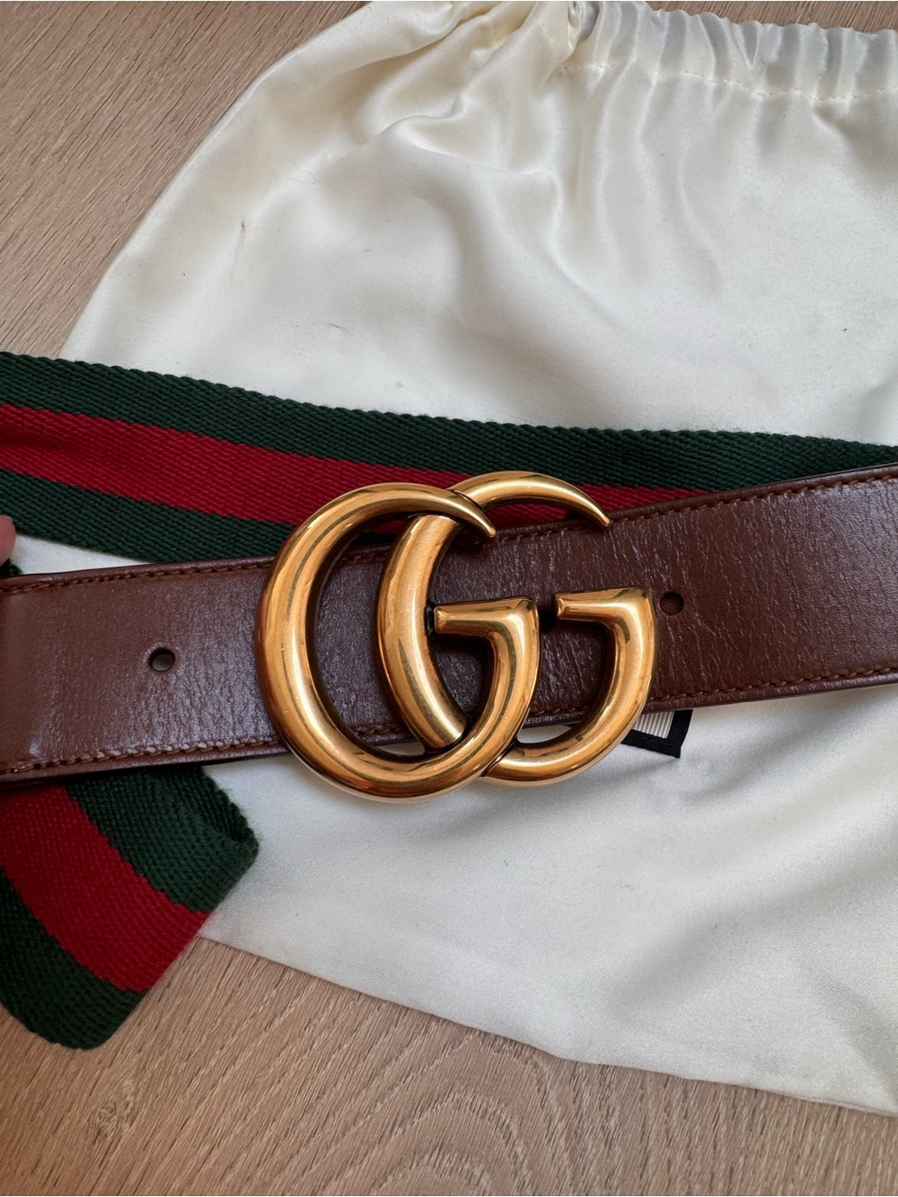 Gucci Brown Leather Belt with Green and Red Web and Gold Double G Buckle 85*34 - Picture 3 of 9